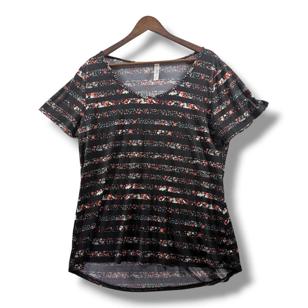LuLaRoe Classic T Short Sleeve V-Neck Floral Striped High Low Top Black XL